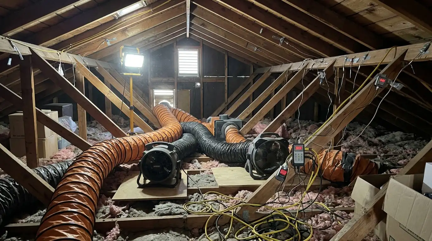 Localized heat treatment equipment set up in the attic of a Los Angeles home with temperature sensors on rafters, pestcontrolhuntingtonbeachca non-fumigation feature