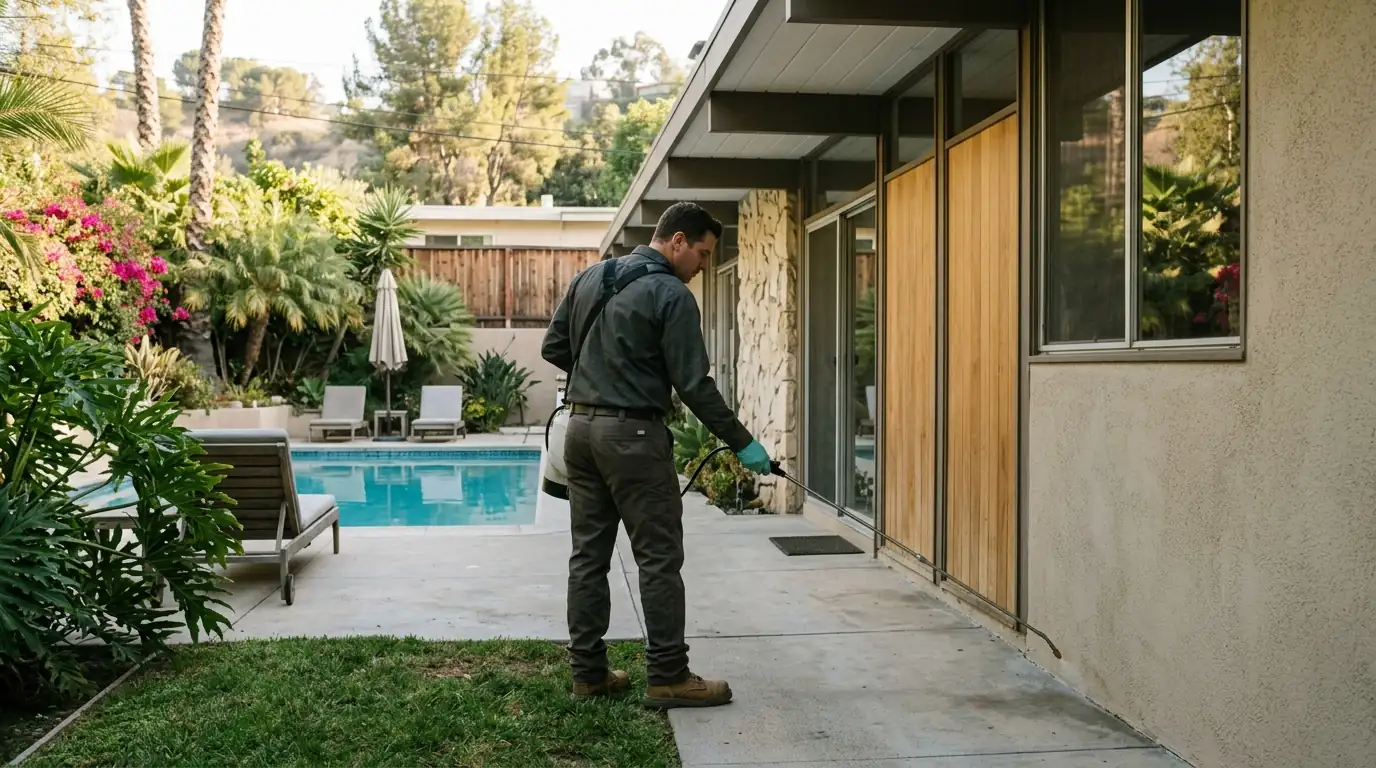 Technician treating the perimeter of a mid-century Studio City home with a pool behind, pestcontrolhuntingtonbeachca Studio City detail