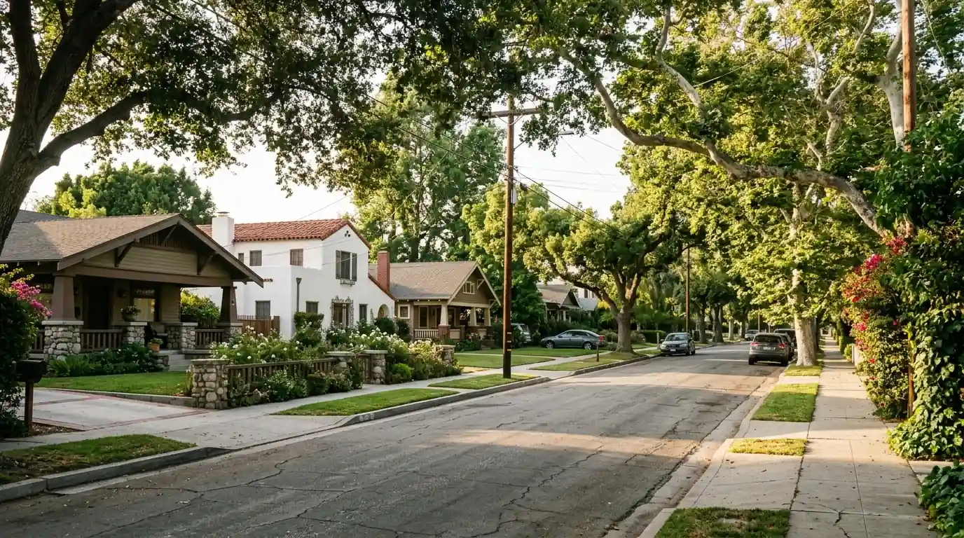 Historic downtown Fullerton street with older homes and mature trees in north Orange County, pestcontrolhuntingtonbeachca Fullerton feature
