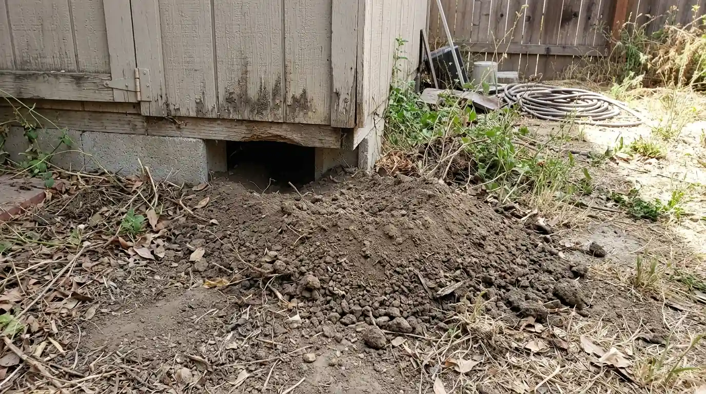 Gap under a backyard shed with fresh dirt pushed out where a skunk is denning in Los Angeles, pestcontrolhuntingtonbeachca skunk feature