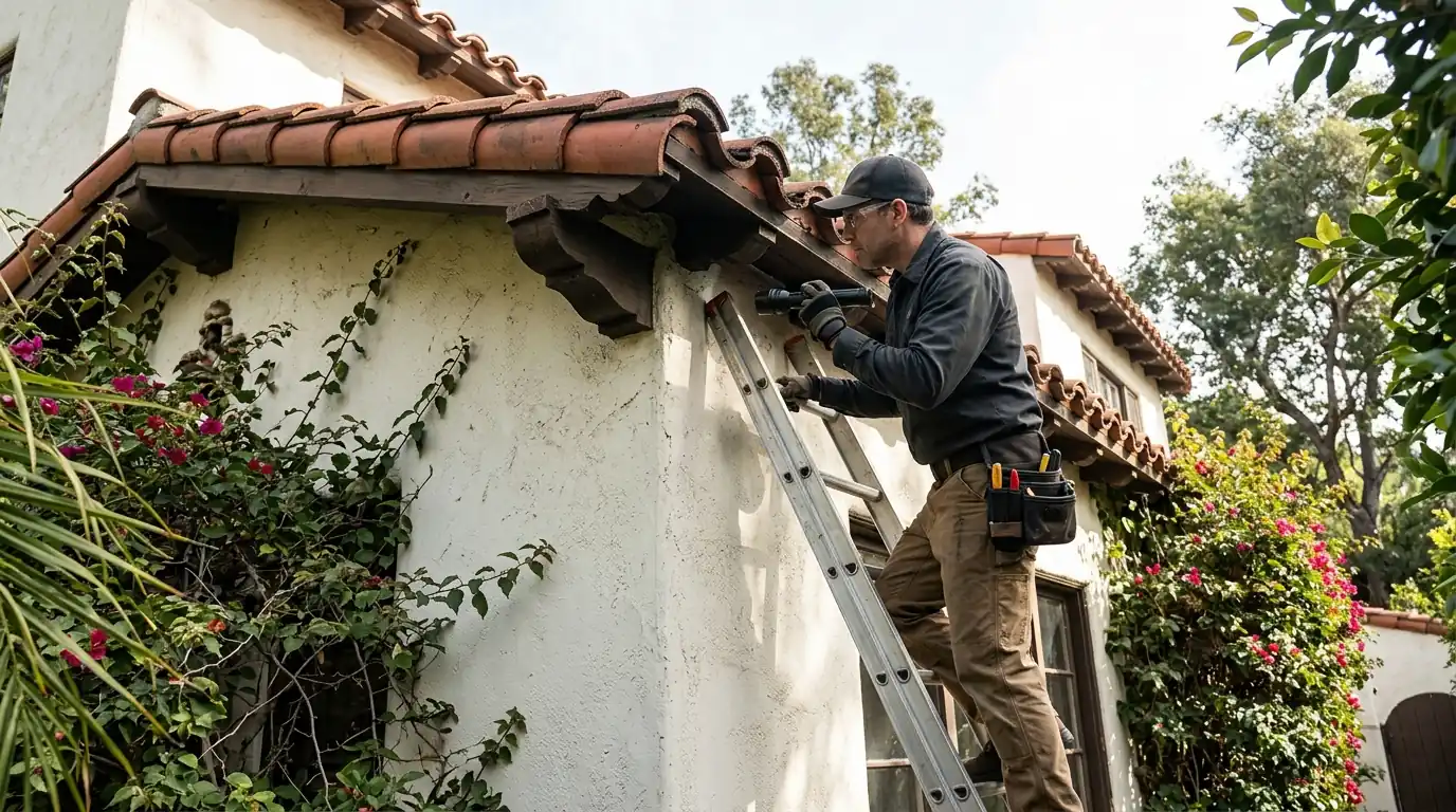 Technician inspecting the tile eaves of a Spanish revival home in Los Feliz for termite and bat activity, pestcontrolhuntingtonbeachca Los Feliz detail