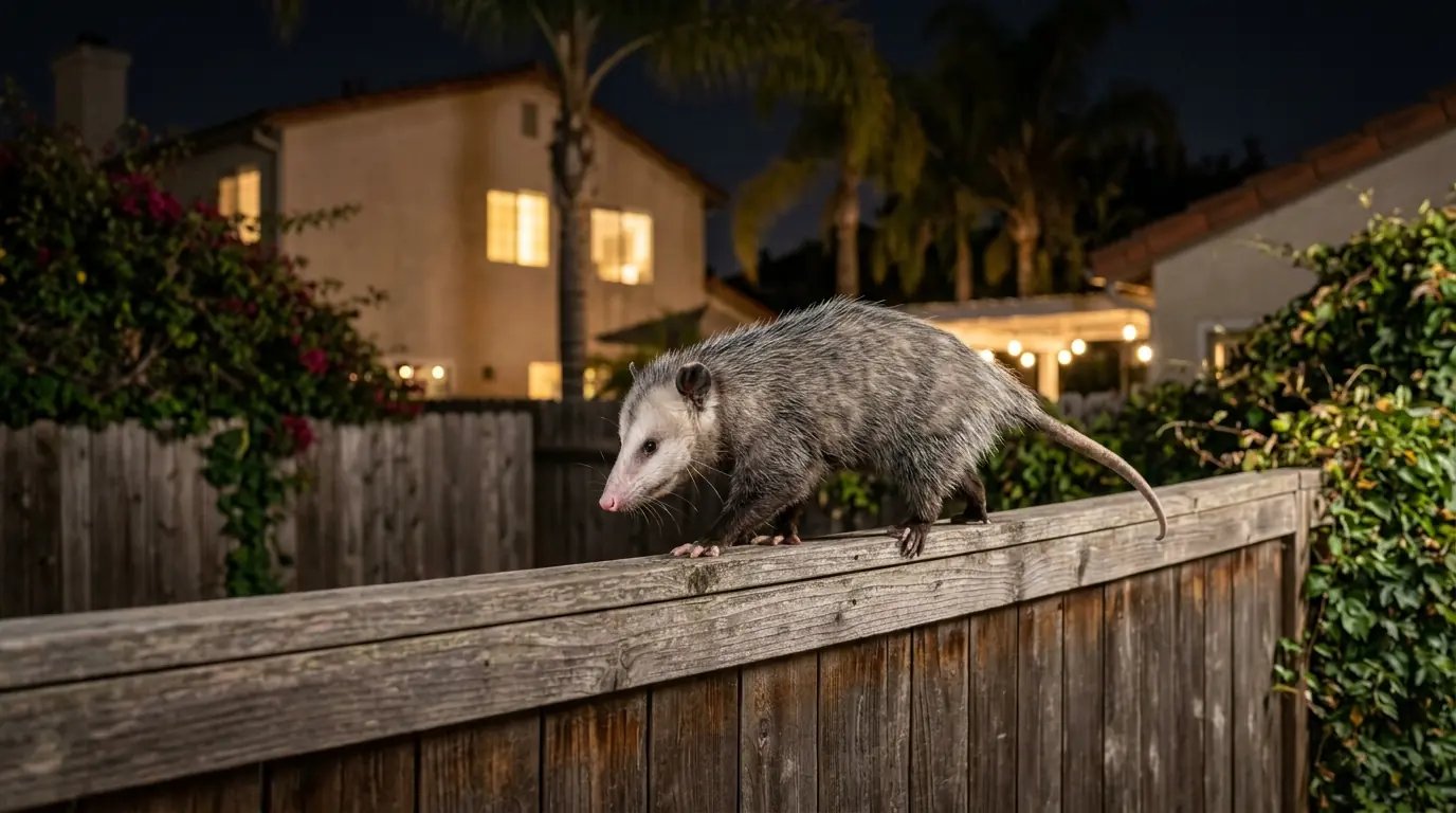 Opossum walking along a backyard fence at night in a Los Angeles neighborhood, pestcontrolhuntingtonbeachca opossum feature