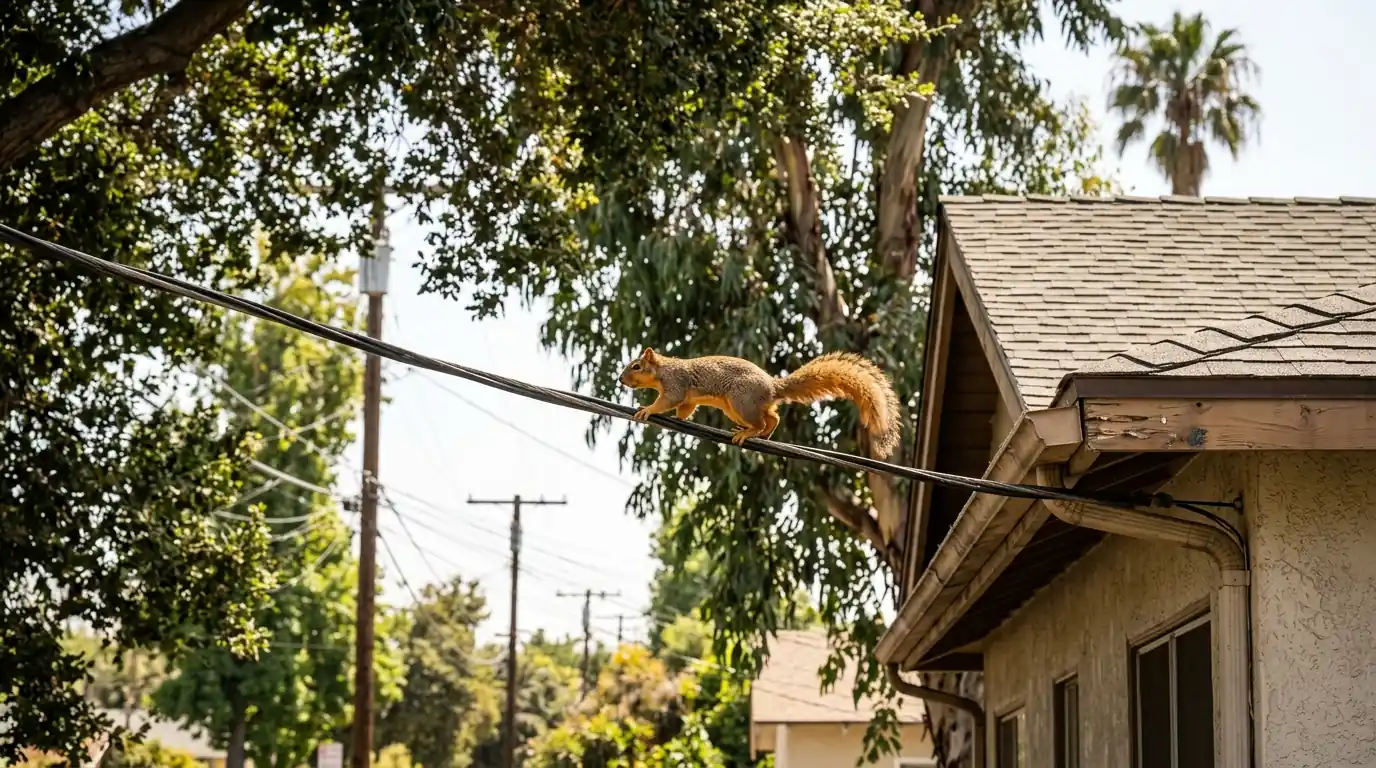 Fox squirrel running along a power line toward the roof of a Los Angeles home under mature trees, pestcontrolhuntingtonbeachca squirrel feature