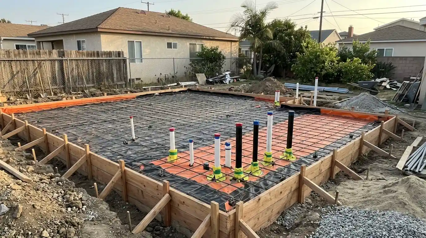 New ADU foundation forms and plumbing rough-in ready for a slab pour behind a Los Angeles house, pestcontrolhuntingtonbeachca pre-construction feature