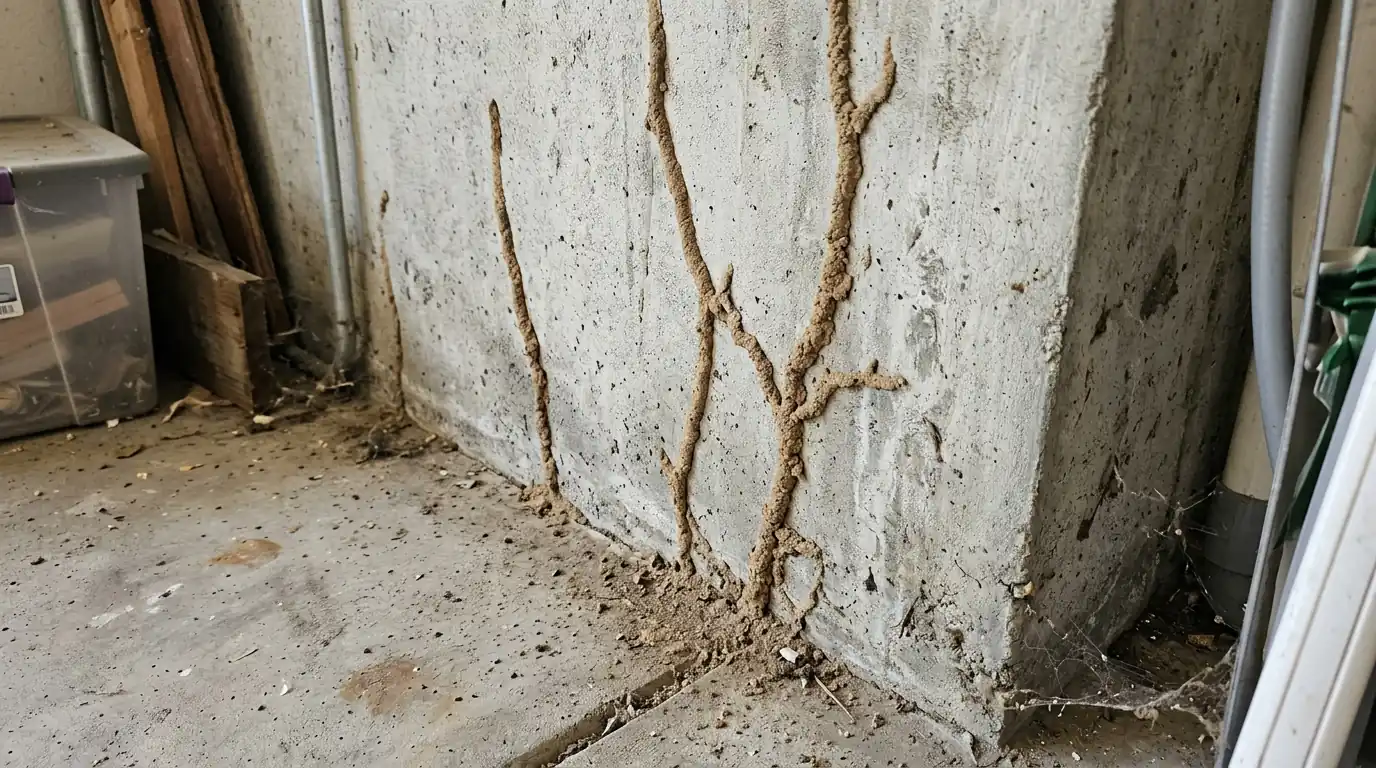 Pencil-width mud tubes climbing a concrete foundation wall in the garage of a Los Angeles home, pestcontrolhuntingtonbeachca subterranean detail