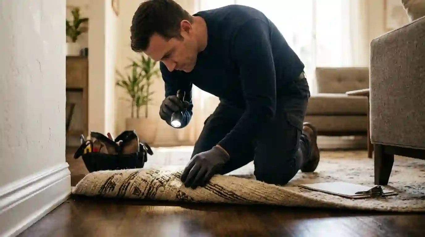 Technician inspecting the edge of a wool rug and baseboard with a flashlight in a Los Angeles living room, pestcontrolhuntingtonbeachca carpet beetle detail