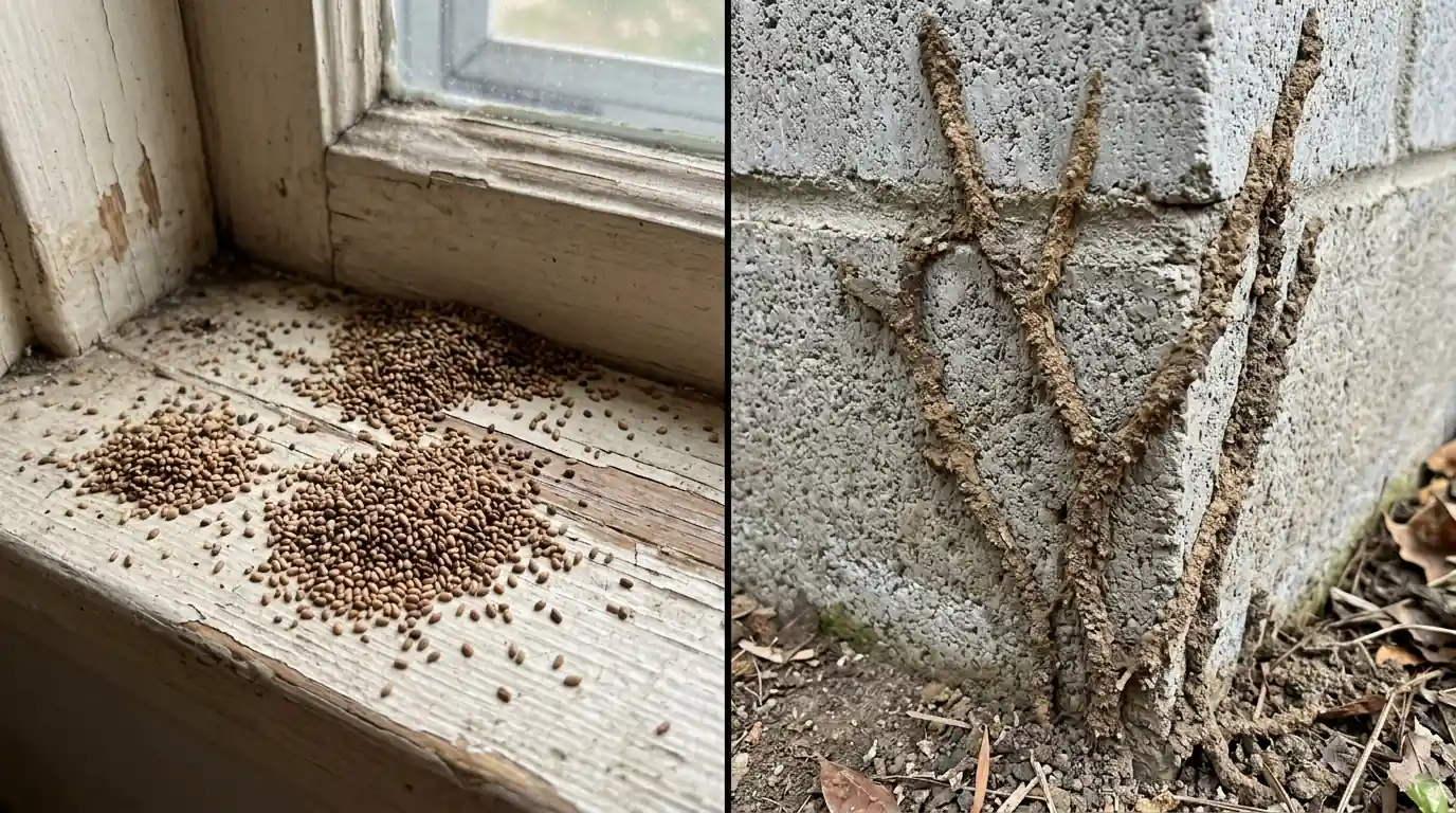 Side-by-side view of drywood termite pellets on a sill and subterranean mud tubes on a foundation, pestcontrolhuntingtonbeachca termite guide feature