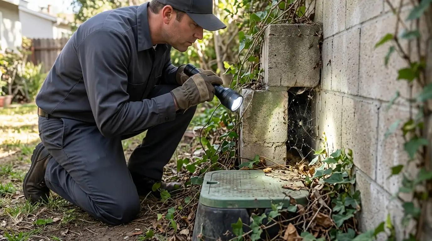 Technician inspecting a block wall gap and garden meter box with a flashlight in a Los Angeles yard, pestcontrolhuntingtonbeachca spider feature