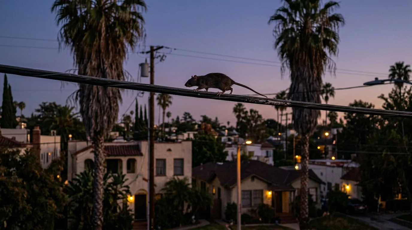 Roof rat walking along a utility line between palm trees in a Los Angeles residential neighborhood at twilight, pestcontrolhuntingtonbeachca home feature