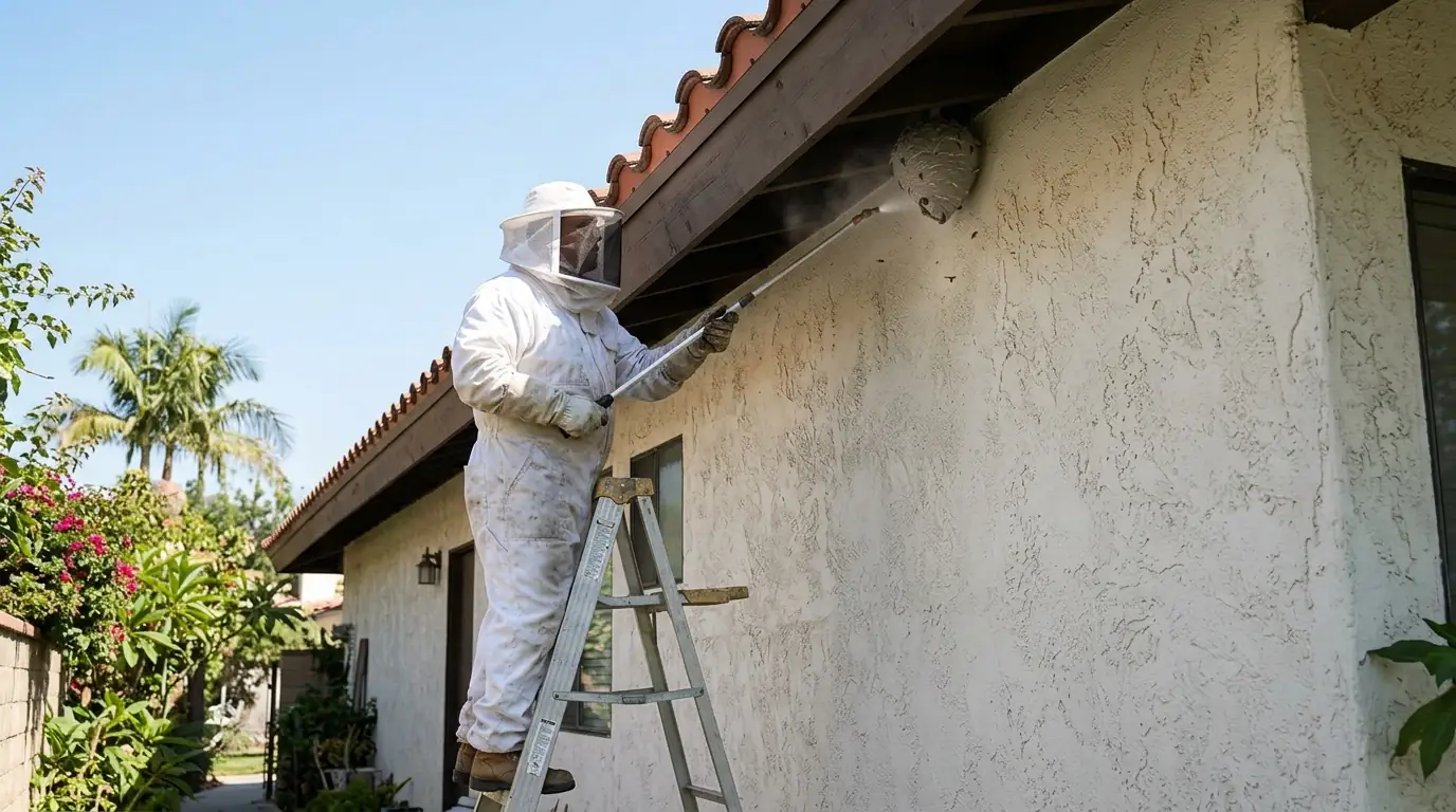 Technician in a protective suit treating a paper wasp nest under a stucco eave of a Los Angeles home, pestcontrolhuntingtonbeachca wasp detail
