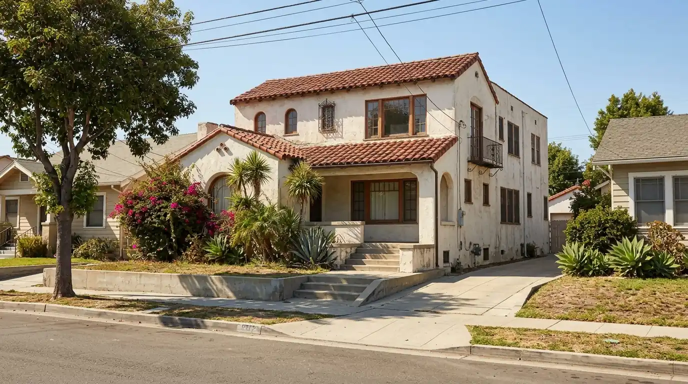 Older two-story Los Angeles home with tile roof and raised foundation viewed from the street, pestcontrolhuntingtonbeachca cost guide detail