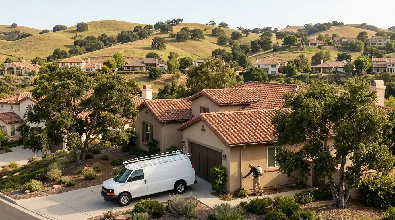 Thousand Oaks neighborhood with oak-studded hills and tile-roof homes in Ventura County California, pestcontrolhuntingtonbeachca Ventura County feature