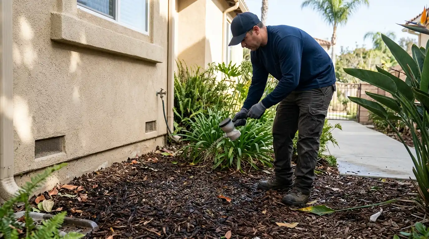 Technician applying granular treatment to damp mulch beds along the foundation of a Los Angeles home, pestcontrolhuntingtonbeachca earwig detail