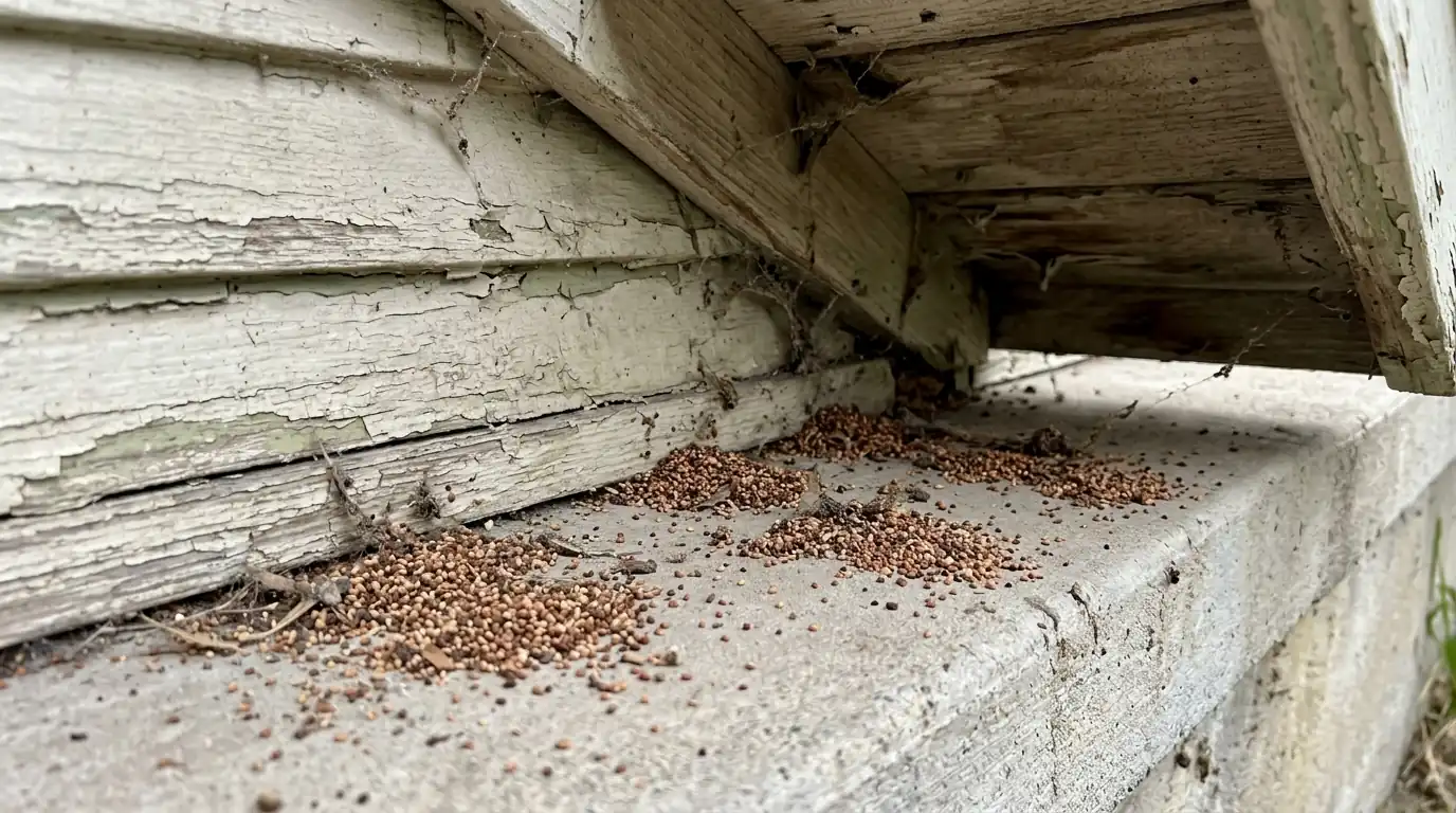 Drywood termite pellets beneath the eave of an older wood-framed Long Beach bungalow, pestcontrolhuntingtonbeachca Long Beach detail