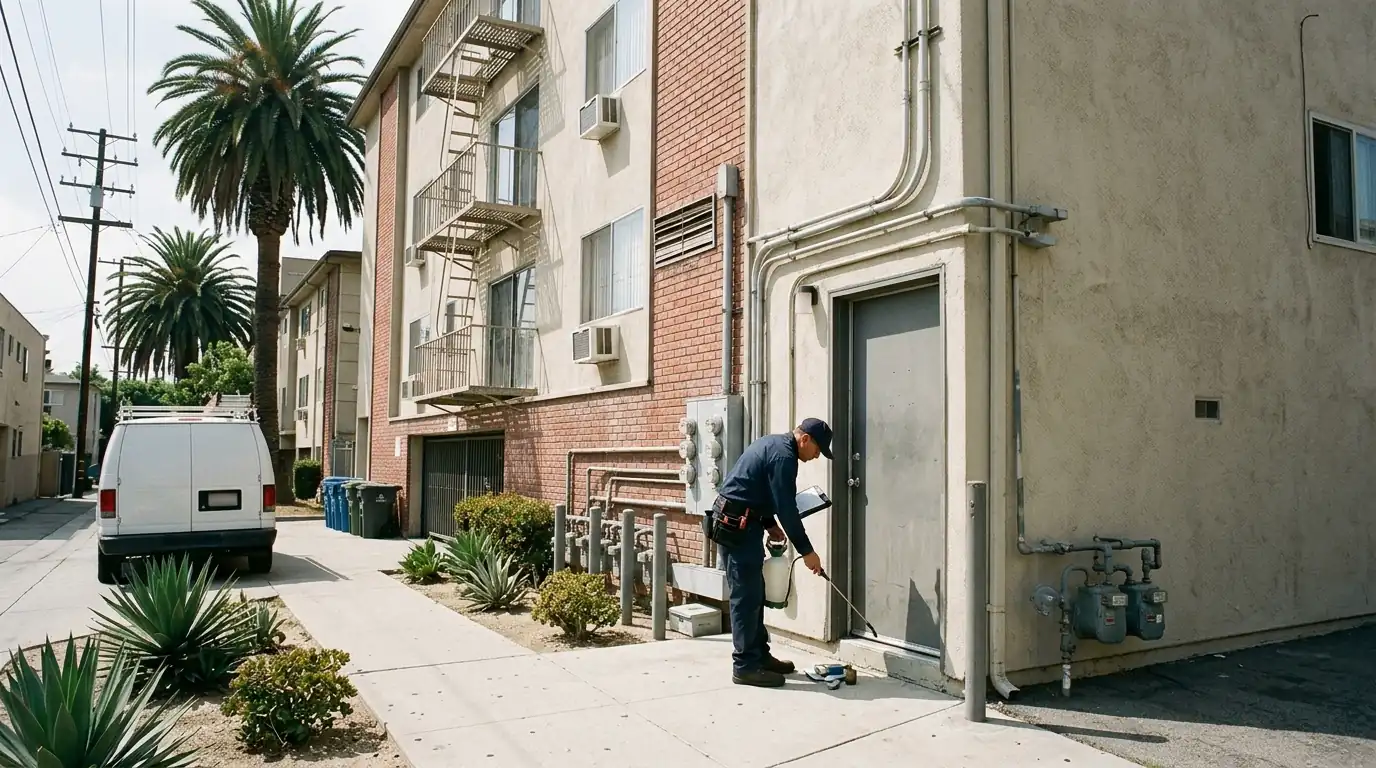 Exterior of a mid-rise Los Angeles apartment building with a service technician at the side entrance, pestcontrolhuntingtonbeachca property management feature