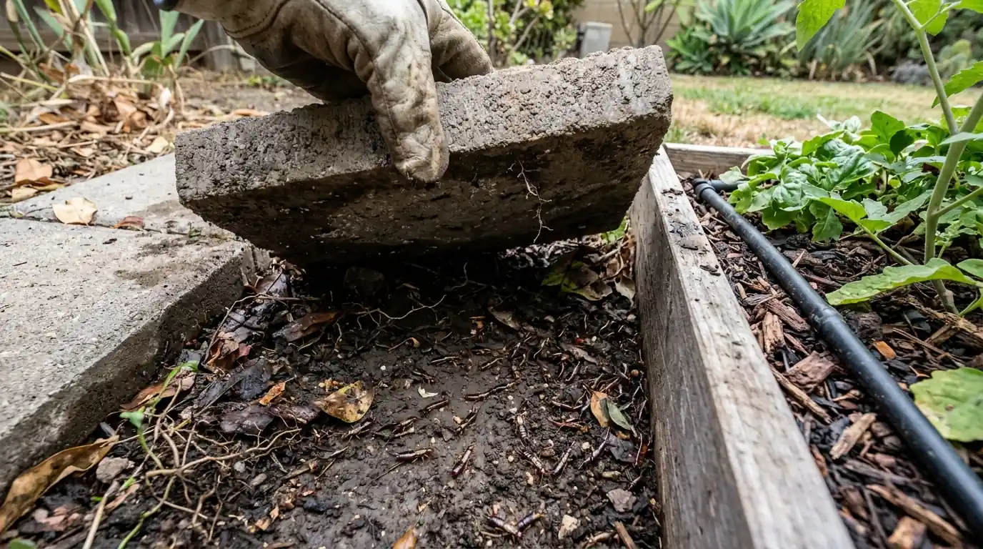 Earwigs gathered under a lifted paver stone beside an irrigated planter in a Los Angeles yard, pestcontrolhuntingtonbeachca earwig feature