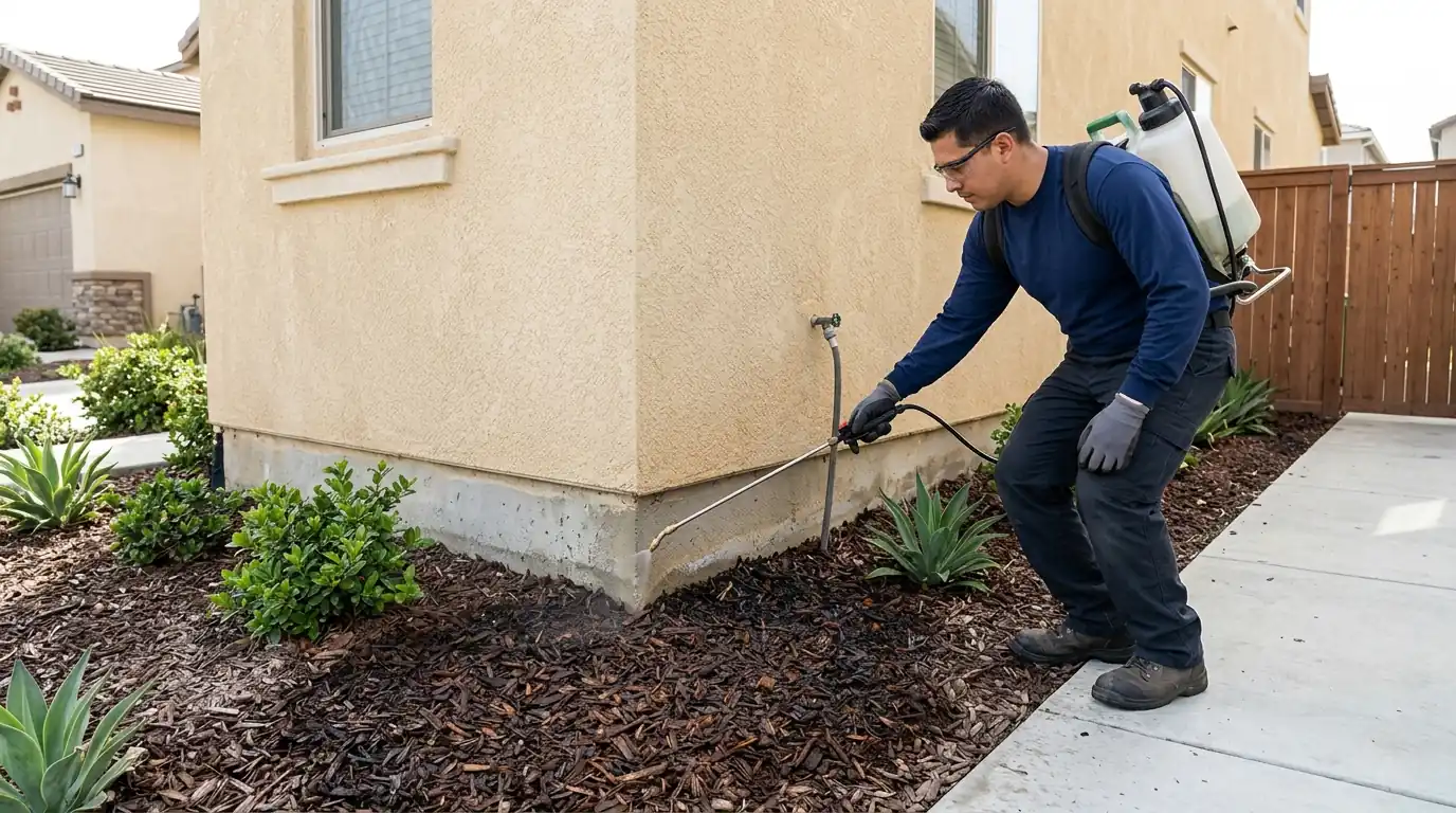 Technician treating damp mulch beds along the foundation of a Torrance tract home, pestcontrolhuntingtonbeachca Torrance detail