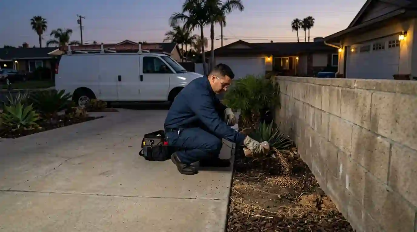 Granular bait application in the landscaped bed and block wall line beside a Los Angeles driveway at dusk, pestcontrolhuntingtonbeachca cockroach detail