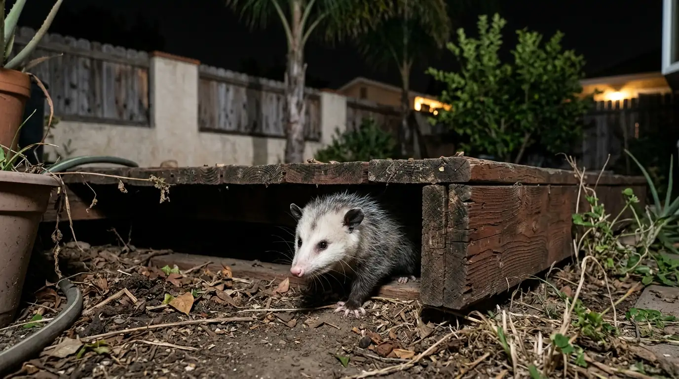 Opossum emerging from under a wooden backyard deck at night in a Los Angeles neighborhood, pestcontrolhuntingtonbeachca typhus guide feature