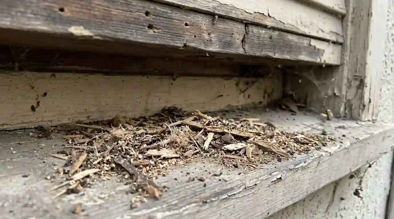 Close-up of coarse carpenter ant frass below a wooden eave gallery on an older Los Angeles house, pestcontrolhuntingtonbeachca carpenter ant detail