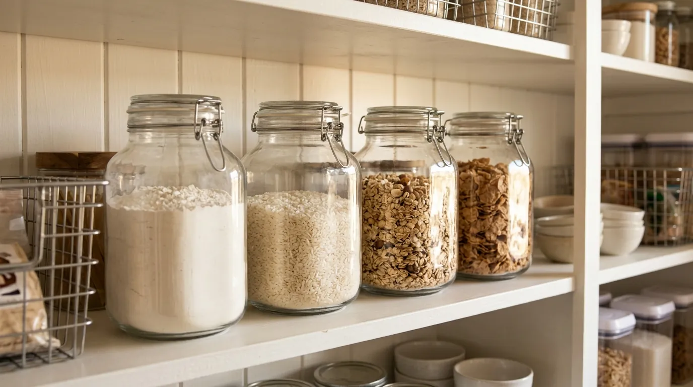 Sealed glass storage jars of flour, rice and cereal lined up on a clean pantry shelf in a Los Angeles kitchen, pestcontrolhuntingtonbeachca pantry feature