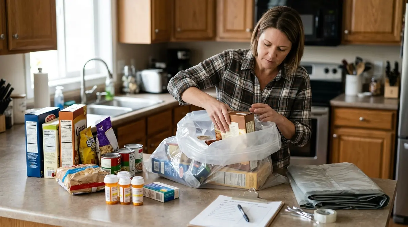 Homeowner packing food and medications into special sealable fumigation bags on a kitchen counter, pestcontrolhuntingtonbeachca fumigation guide prep