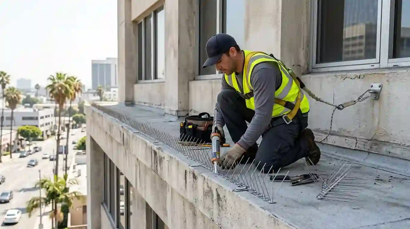 Technician installing bird spikes on the ledge of a Los Angeles commercial building, pestcontrolhuntingtonbeachca bird detail