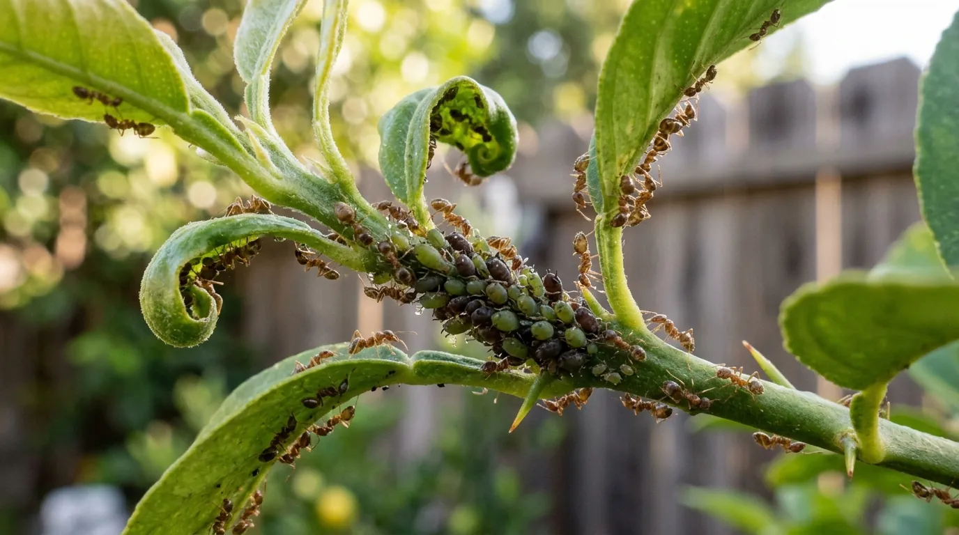 Argentine ants tending aphids on a citrus branch in a Los Angeles backyard, pestcontrolhuntingtonbeachca ant guide supercolony