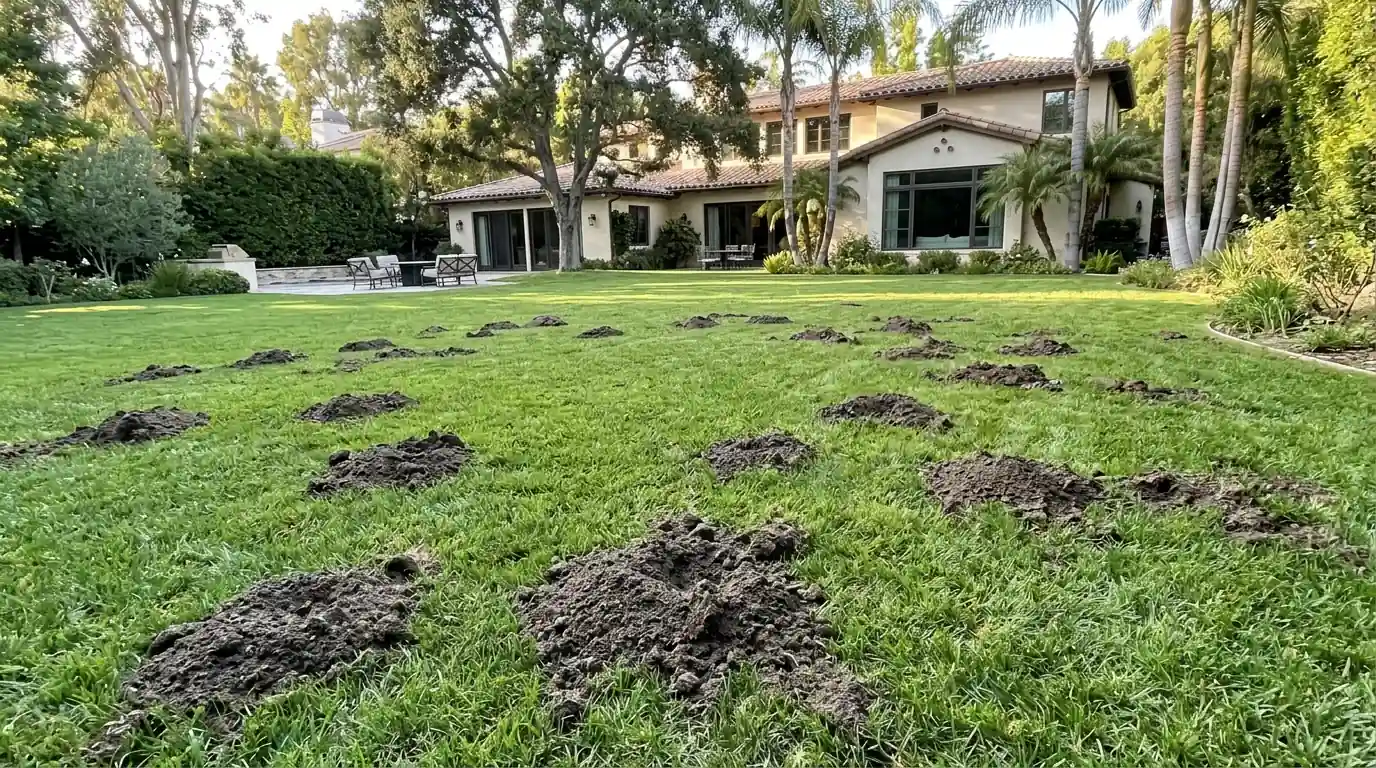 Fresh gopher mounds across a large irrigated lawn at an Encino home in Los Angeles, pestcontrolhuntingtonbeachca Encino detail