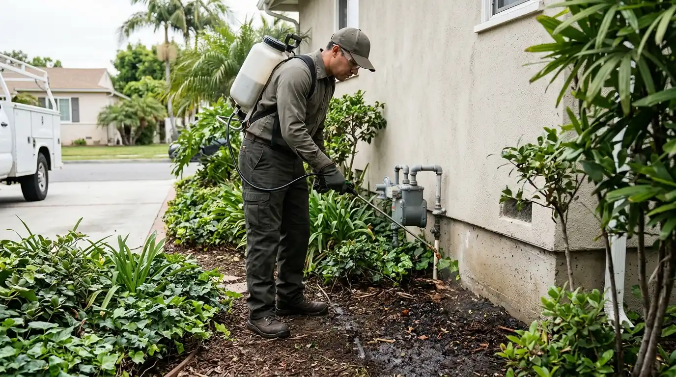 Technician treating damp planter beds along the foundation of a Westchester home in Los Angeles, pestcontrolhuntingtonbeachca Westchester detail