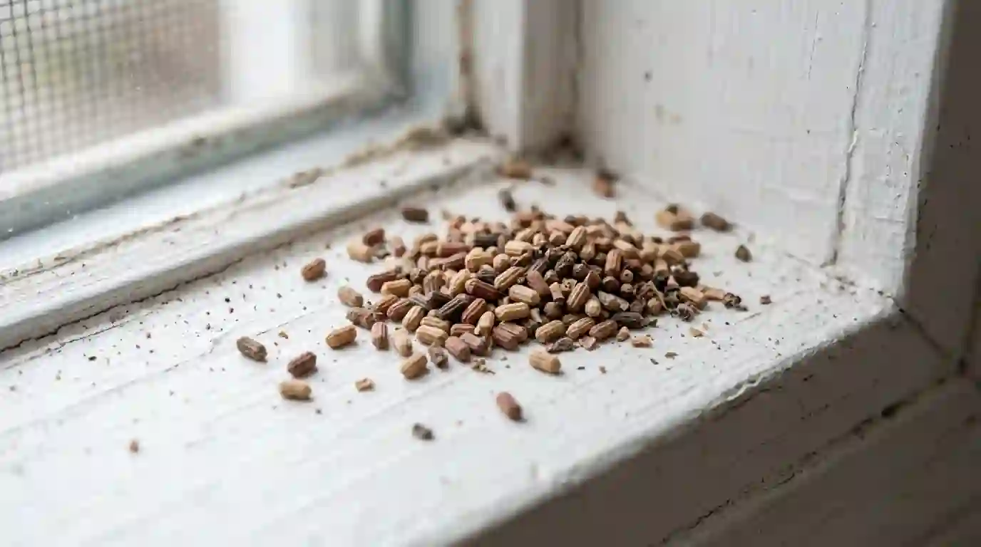 Close-up of hard six-sided drywood termite pellets piled on a white windowsill in a Los Angeles home, pestcontrolhuntingtonbeachca drywood detail