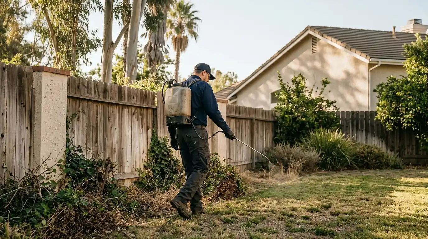 Technician walking the backyard fence line of a Los Angeles home with a treatment sprayer in morning light, pestcontrolhuntingtonbeachca quarterly feature