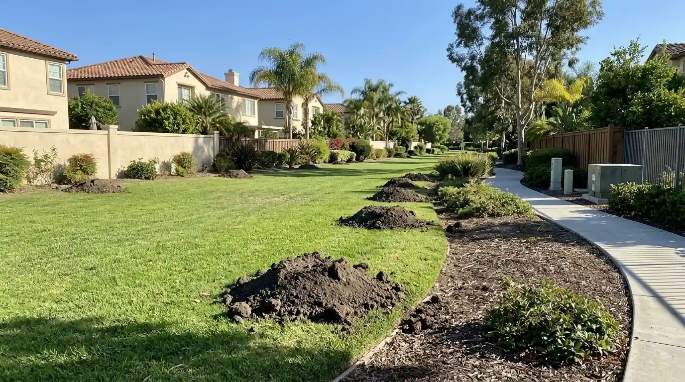 Fresh gopher mounds along the edge of a landscaped greenbelt beside homes in Irvine California, pestcontrolhuntingtonbeachca Irvine detail
