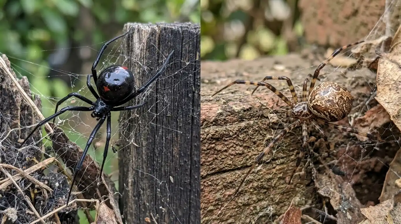 Side-by-side close-up of a glossy black widow and a mottled brown widow spider on garden surfaces, pestcontrolhuntingtonbeachca widow guide feature