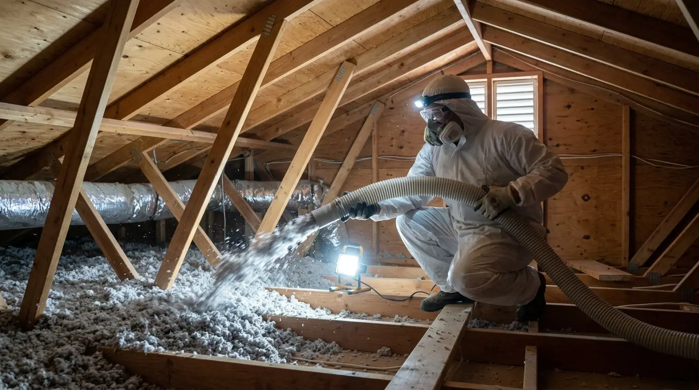 Fresh insulation being blown into a clean Los Angeles attic after rodent decontamination, pestcontrolhuntingtonbeachca attic cleanup feature
