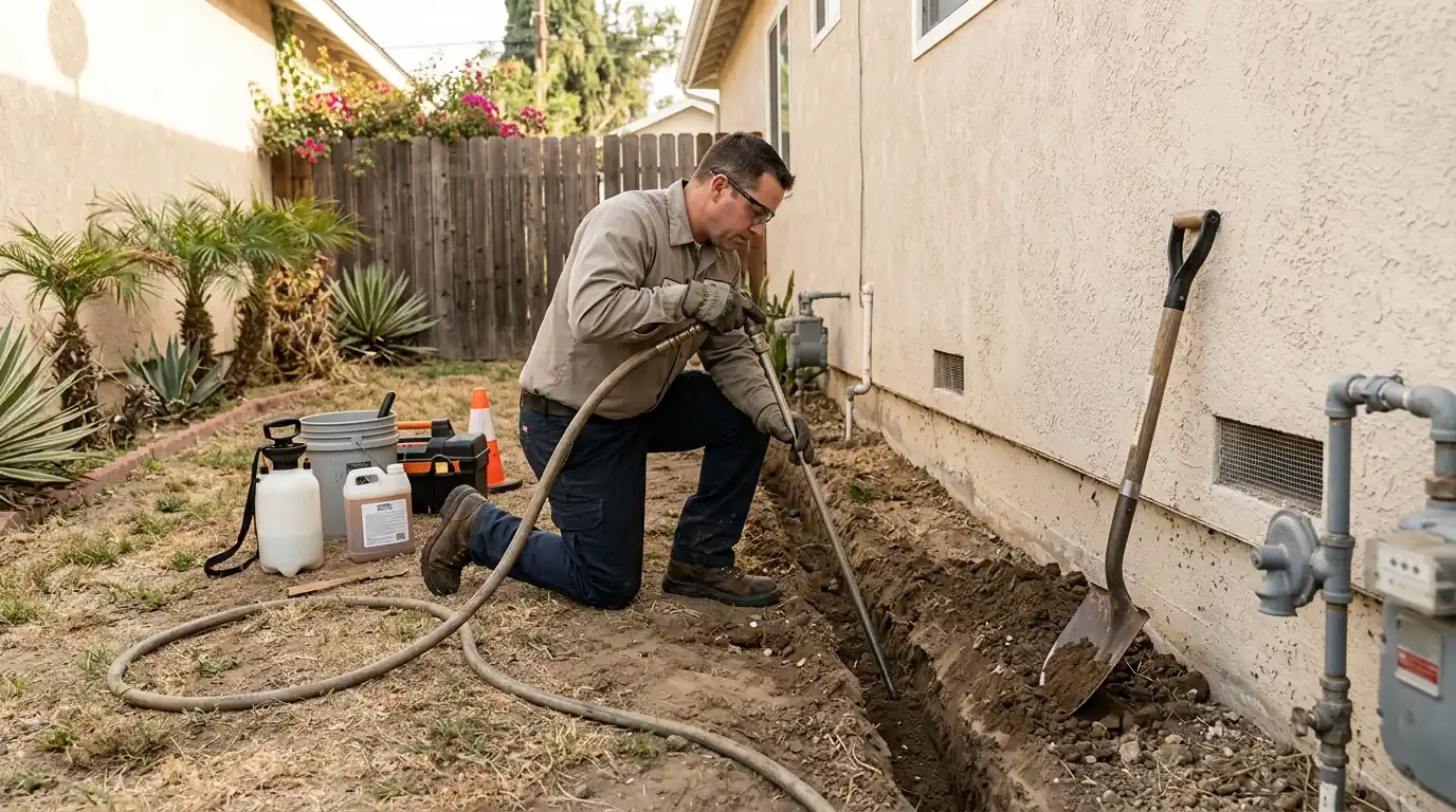 Technician trenching and treating the soil along the foundation of a Los Angeles home with equipment staged, pestcontrolhuntingtonbeachca subterranean feature