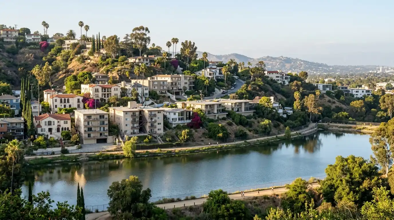 Hillside homes and apartment buildings above the Silver Lake Reservoir in Los Angeles, pestcontrolhuntingtonbeachca Silver Lake feature