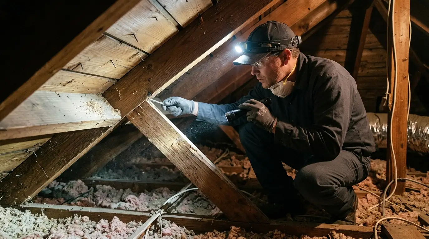 Inspector checking attic rafters for drywood termite pellets with a headlamp in a Los Angeles home, pestcontrolhuntingtonbeachca termite inspection feature