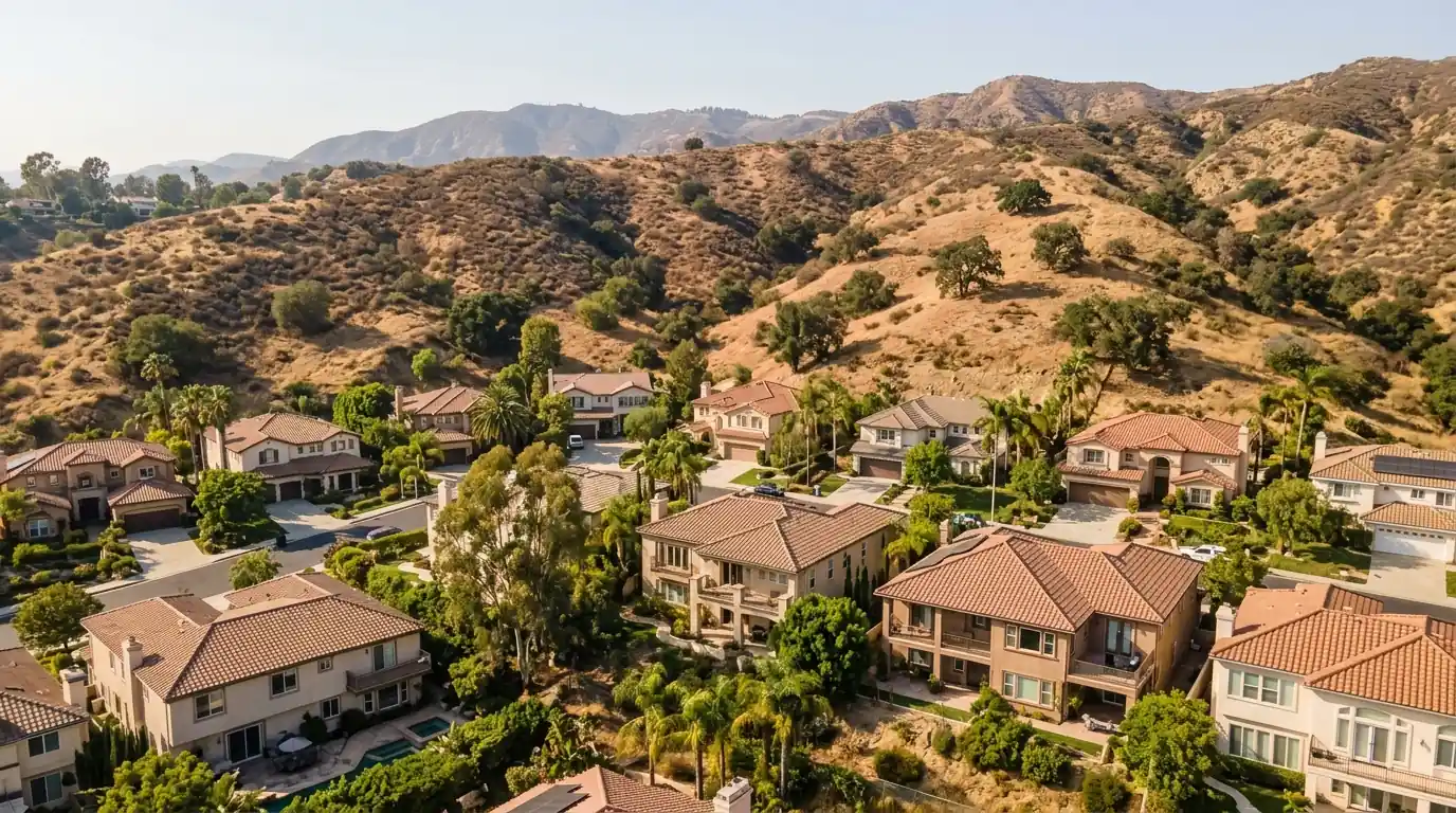 Woodland Hills hillside homes with tile roofs and dry summer hills behind in Los Angeles, pestcontrolhuntingtonbeachca Woodland Hills feature