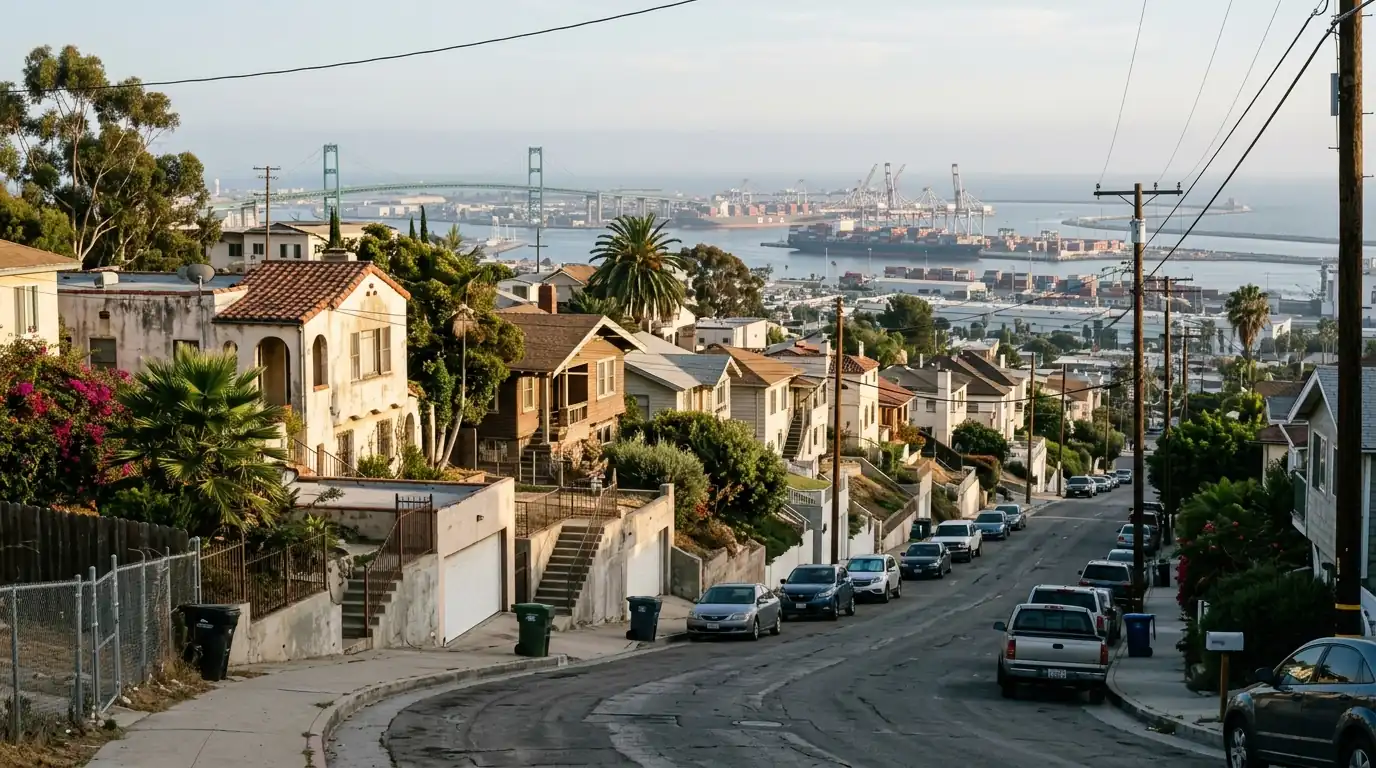 Older homes on a hillside street in San Pedro overlooking the Port of Los Angeles, pestcontrolhuntingtonbeachca San Pedro feature