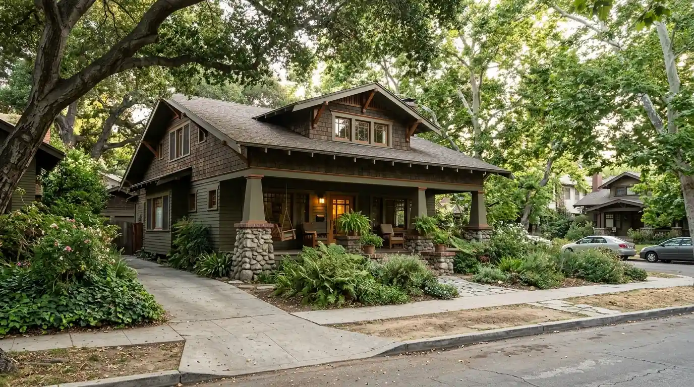 Craftsman bungalow with a deep front porch under mature trees on a Pasadena street, pestcontrolhuntingtonbeachca Pasadena feature