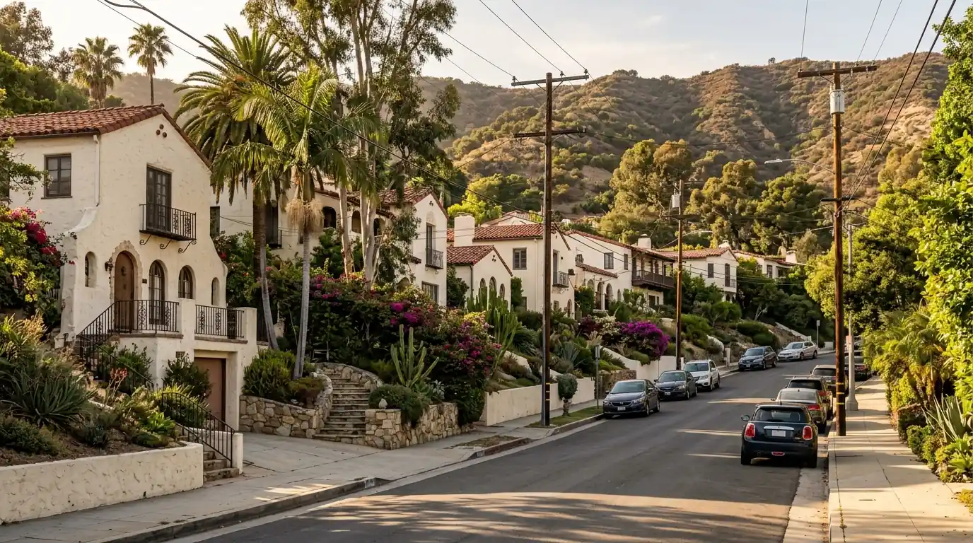 Spanish revival homes with red tile roofs on a Los Feliz street below Griffith Park in Los Angeles, pestcontrolhuntingtonbeachca Los Feliz feature