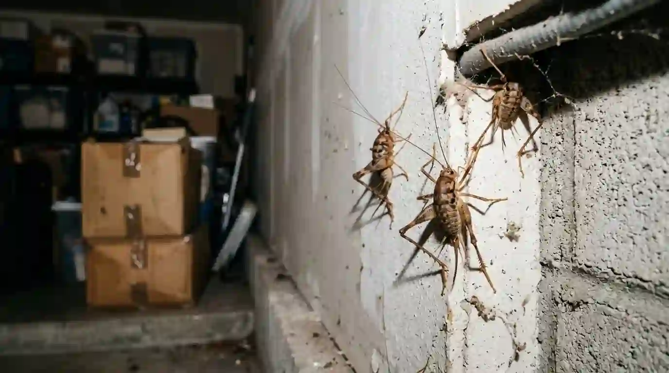 Camel crickets on the wall of a dim attached garage in a Los Angeles home with stored boxes, pestcontrolhuntingtonbeachca cricket feature