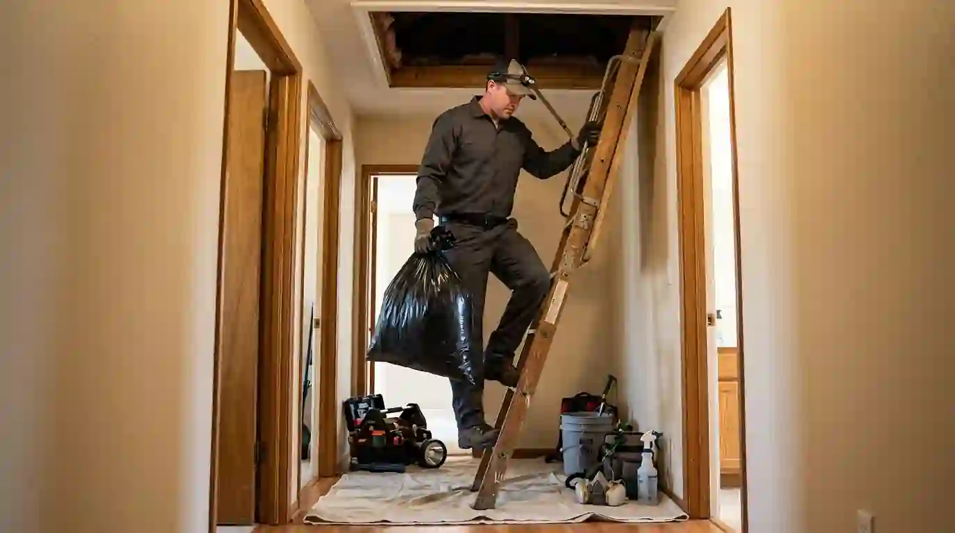 Technician carrying a sealed bag down an attic ladder in a Los Angeles hallway, equipment staged below, pestcontrolhuntingtonbeachca dead animal feature