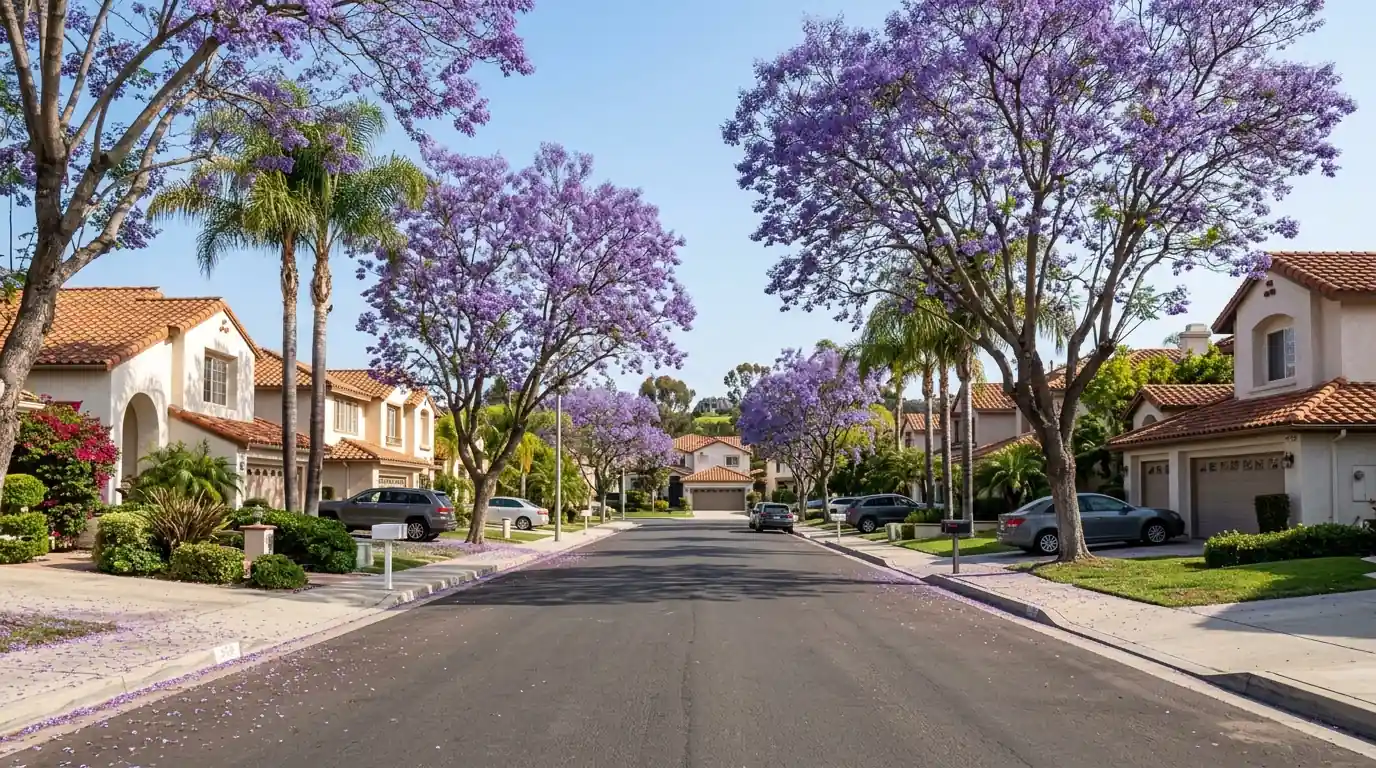 Orange County suburban street of Spanish-tile roofs and jacaranda trees in bloom, pestcontrolhuntingtonbeachca Orange County feature