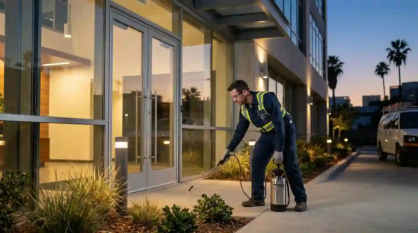 Pest control technician in uniform servicing the exterior entry of a modern Los Angeles office building in the evening, pestcontrolhuntingtonbeachca commercial feature