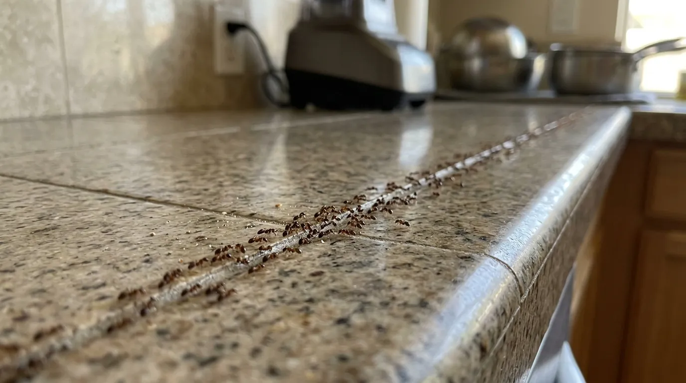 Long trail of small brown Argentine ants running along a kitchen counter edge in a Los Angeles home, pestcontrolhuntingtonbeachca ant guide feature