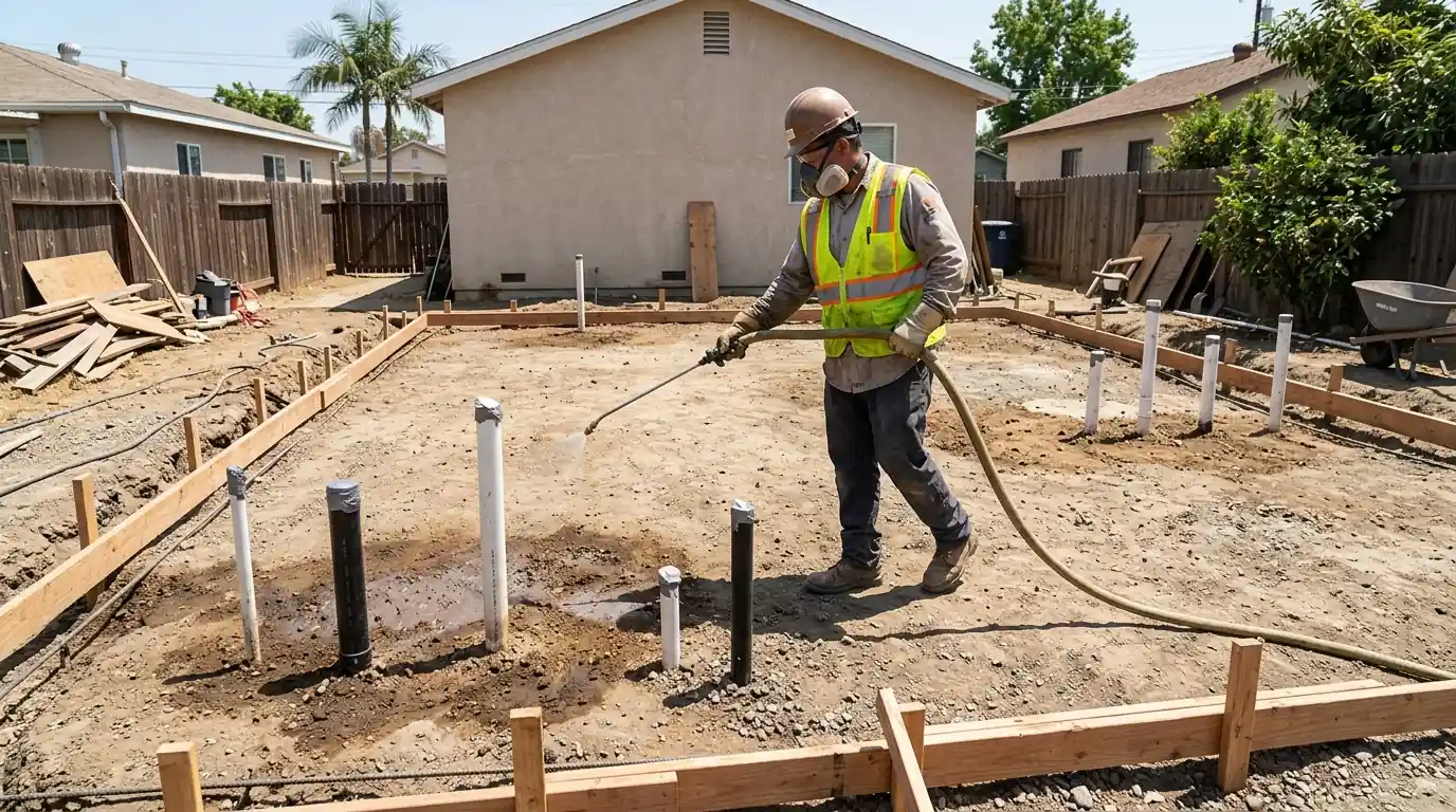Technician applying termite pretreatment to graded soil and plumbing rough-in before a slab pour at a Los Angeles ADU site, pestcontrolhuntingtonbeachca pre-construction detail
