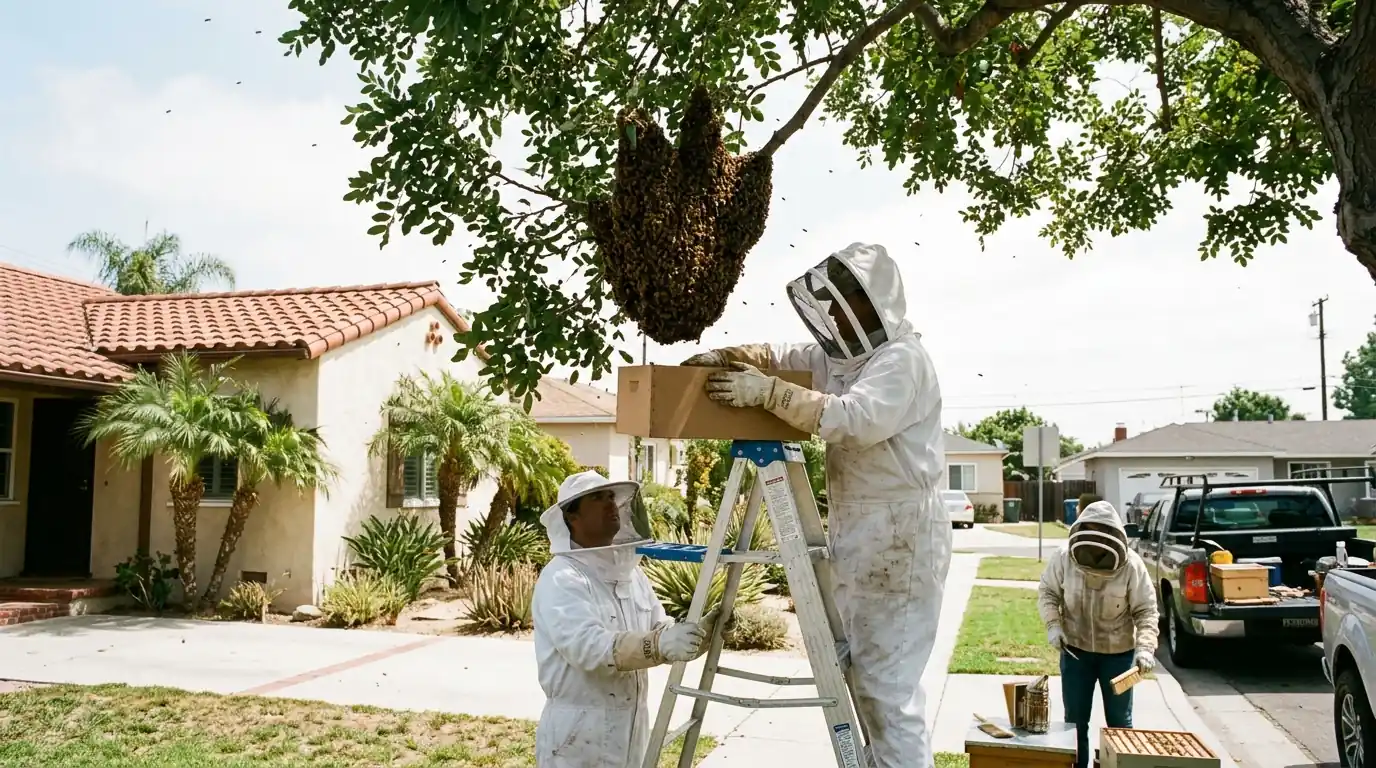 Honeybee swarm clustered on a branch in a Los Angeles front yard with a beekeeping crew preparing to collect it, pestcontrolhuntingtonbeachca bee feature