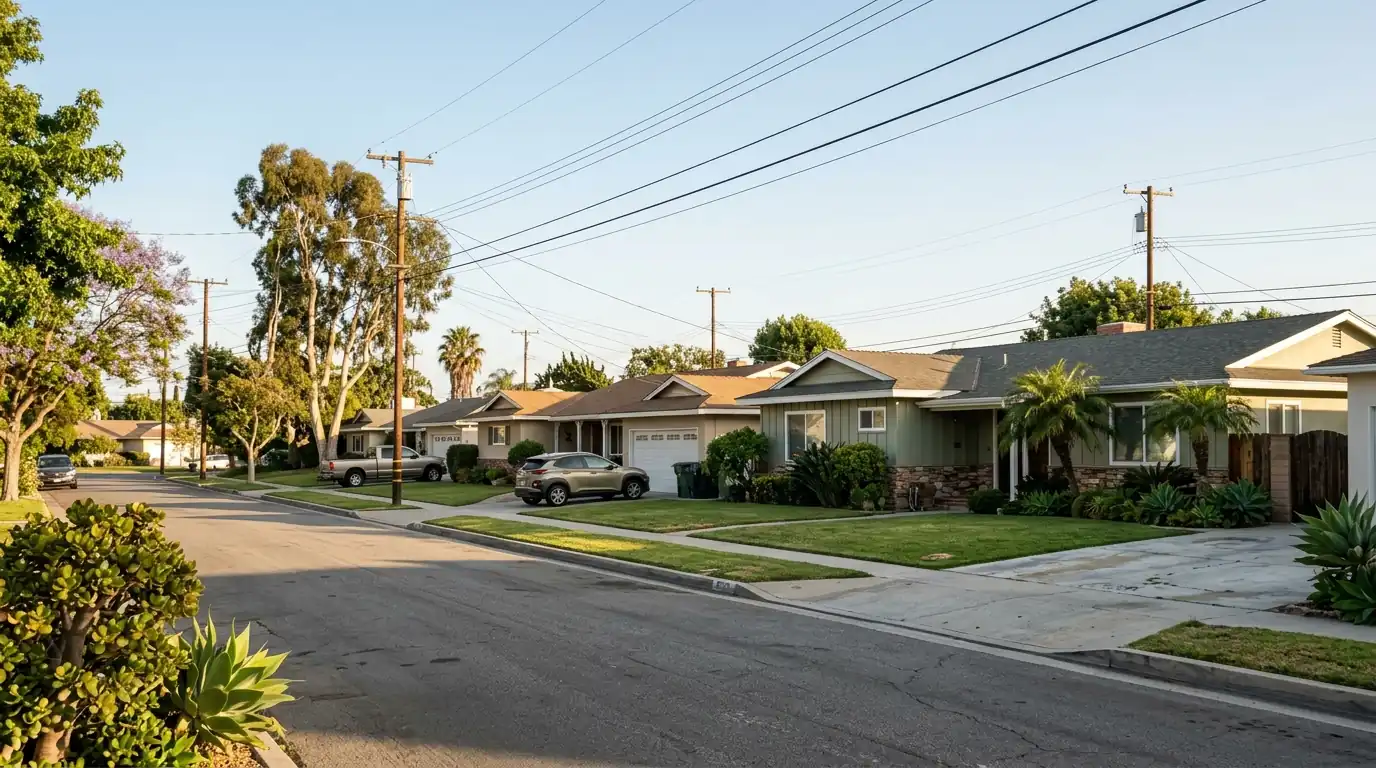 Mid-century ranch homes on a quiet Torrance street with the Palos Verdes hills in the distance, pestcontrolhuntingtonbeachca Torrance feature